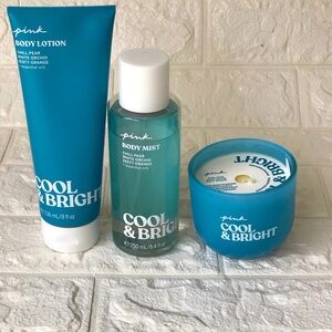 PINK Victoria's Secret Cool & Bright Blue Body Lotion, Mist & Candle Set